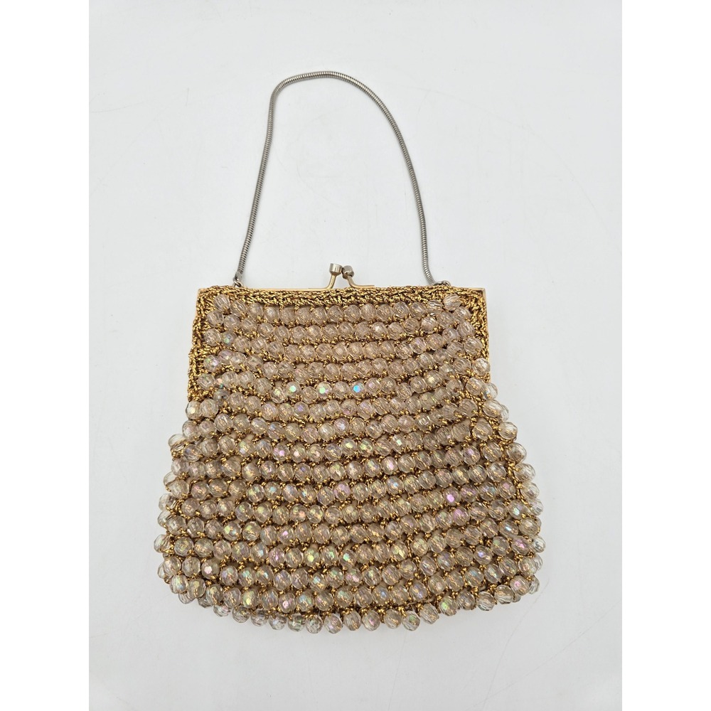 Vintage 1960s Magid Iridescent Aurora Borealis Beaded Bag Gold Crochet Handbag